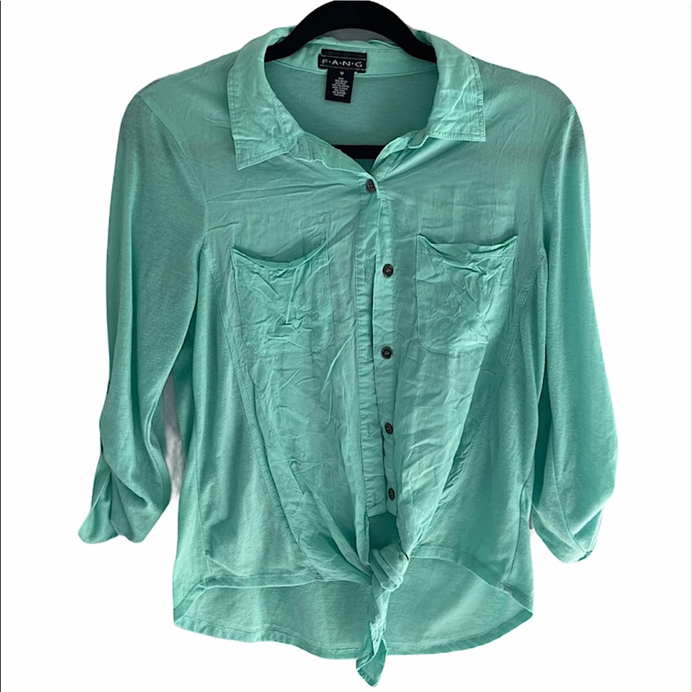 FANG mint button down tie front blouse